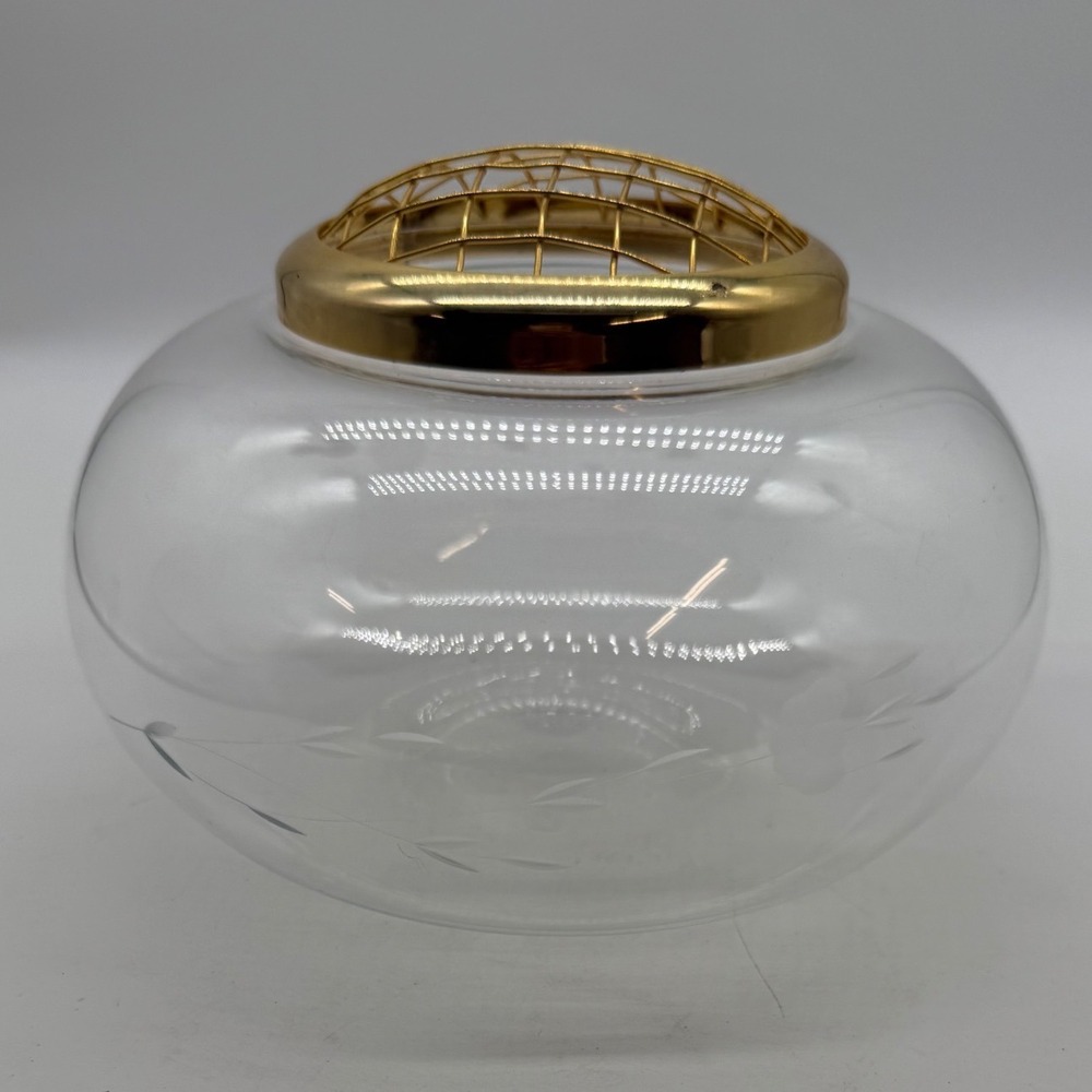 VTG princess house heritage crystal hand blown Bowl Vase  Gold plated  Frog Grid